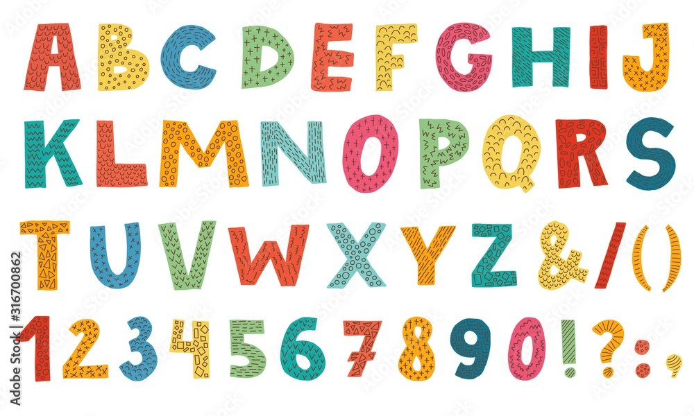 Doodle font with simple hand drawn decor. Bright colorful handdrawn english letters and numbers