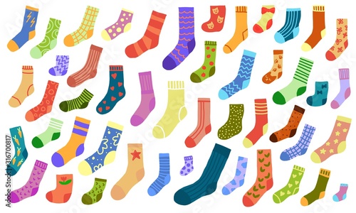 Hand drawn sock collection. Doodle socks with different texture and color. Winter trendy clothing items photo