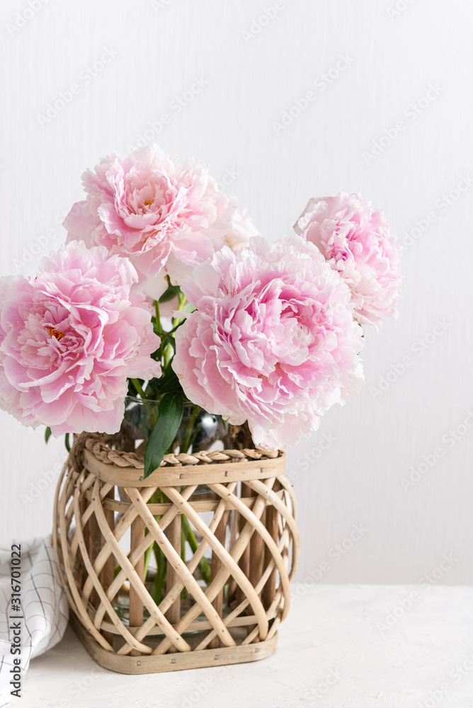 Tender pink peonies in a vase on white background. Spring background, greeting card, floral poster. Side view
