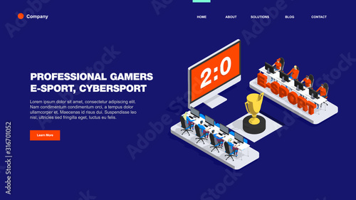 Two teams of Professional eSport Gamers Playing in Competitive Video Games on a Cyber Games Tournament. Template for web banner, landing page. Flat isometric vector illustration isolated on blue photo