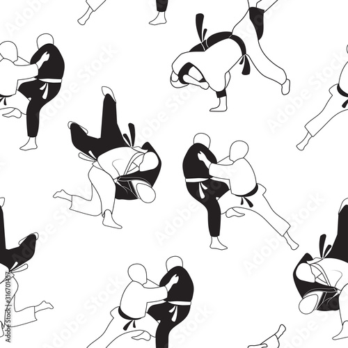 Black and white, seamless pattern with the image of judo techniques. Martial arts exercises. Stock vector illustration on a white background.