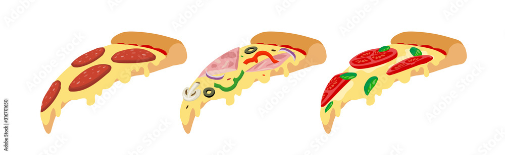 Φωτογραφία delicious pizza slices with dripping cheese pepperoni margherita on white backgr