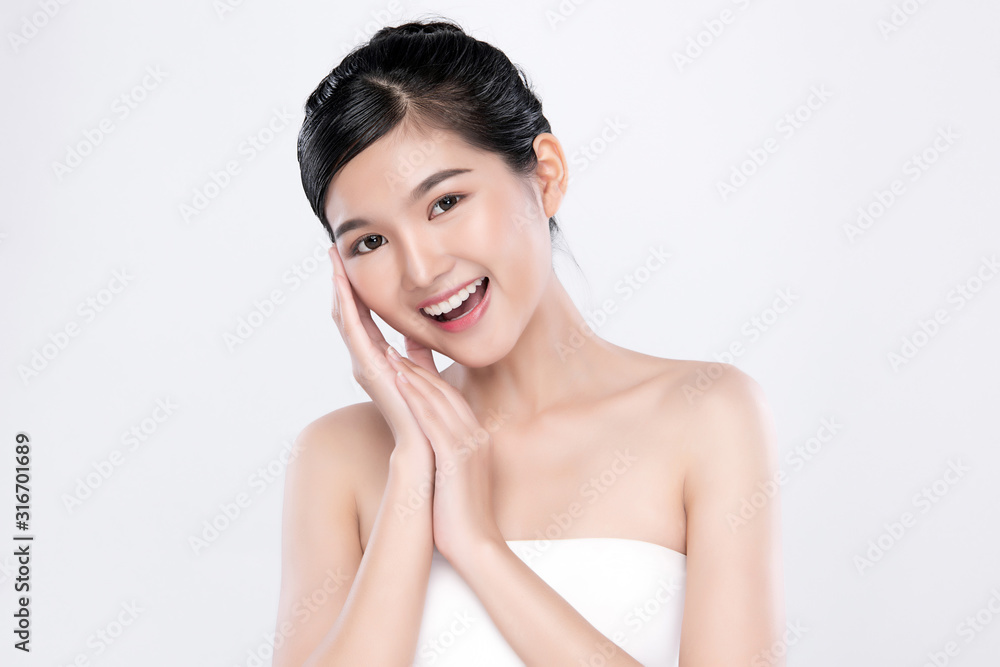 Portrait beautiful young asian woman clean fresh bare skin concept. Asian girl beauty face skincare and health wellness, Facial treatment, Perfect skin, Natural make up, on white background,two Portrait beautiful young asian woman clean fresh bare skin concept. Asian girl beauty face skincare and health wellness, Facial treatment, Perfect skin, Natural make up, on white background,two