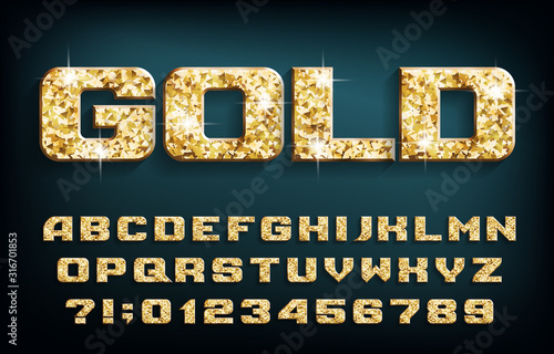 Gold alphabet font. Golden glitter beveled letters and numbers with shadow. Stock vector typeface for your design.