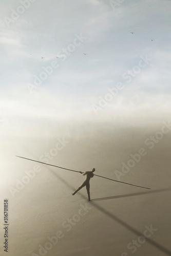 Fotografia surreal man loses balance on an imaginary line holding a very long rod