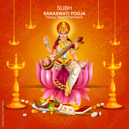 easy to edit vector illustration of Goddess Saraswati for Vasant Panchami Puja of India