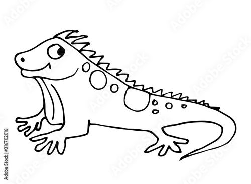Cute fabulous lizard with outlined for coloring book isolated on a white background. Vector illustration of hand drawn black and white lacertians.	