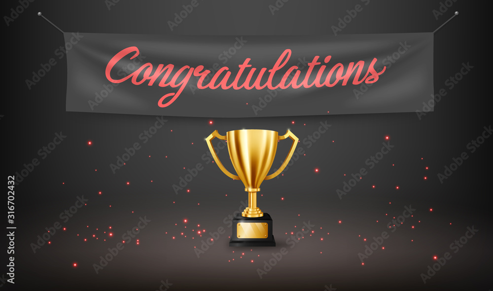 Realistic Golden Trophy with text space and Congratulations text on ...