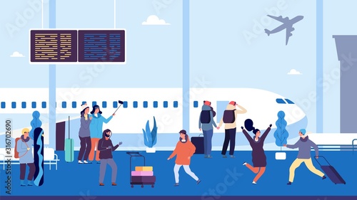 Winter travel. Passengers wait flight, meet and escort people. People at airport with suitcases. Vector vacation illustration flight winter, travel waiting with luggage