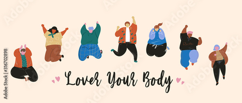 Love your body, Women and men body positive and people concept, Happy plus size, Friendship, Hand drawn vector illustration.