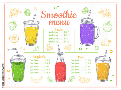 Smoothie menu. Cold drinks, summer shakes and cocktails. Sketch lemonade and healthy diet beverages. Fruits berries juice vector poster. Illustration smoothie menu, lemonade drink, juice cocktail