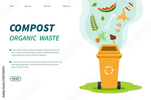Compost waste. Composting bin, organic green trash box recycle. Foods plants garbage for garden fertilizer. Vector landing page template. Illustration compostin recycling garbage, ecology utilization