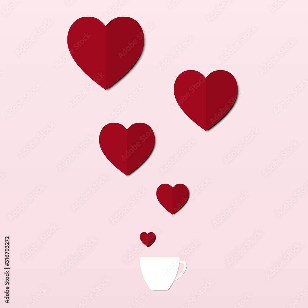 Red hearts Valentine's Day. coffee cup in love. red hearts on coffee cup. paper cut work.