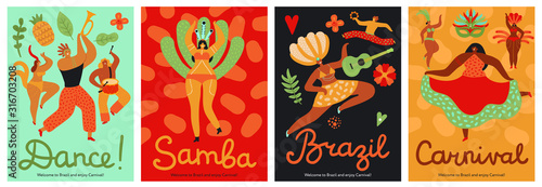 Brazil carnival. Samba, latin trendy party. Fashion brazilian dance festival abstract flyers. Fun music event with dancers vector posters. Illustration brazilian poster and banner, samba brazil dancer