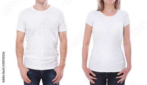 T-shirt design fashion concept, closeup of woman and man in blank white t-shirt, shirt front isolated. Mock up.