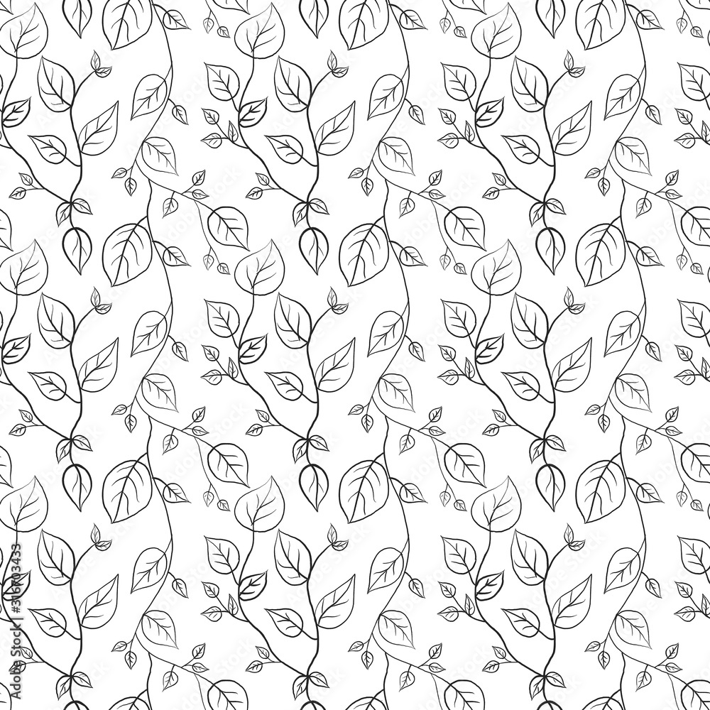Fototapeta premium Doodle sketch leaf seamless pattern black and white illustration design