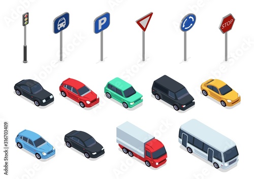 Isometric cars. Road signs, 3d vehicles isolated on white background. Autos, truck and bus vector set. Auto vehicle and roadsigns isometric illustration