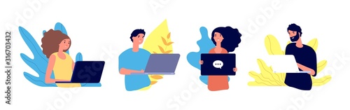 People surfing internet. Freelance workers, men and women chatting. Isolated persons with notebooks vector illustration. Worker with laptop, people freelance at workplace