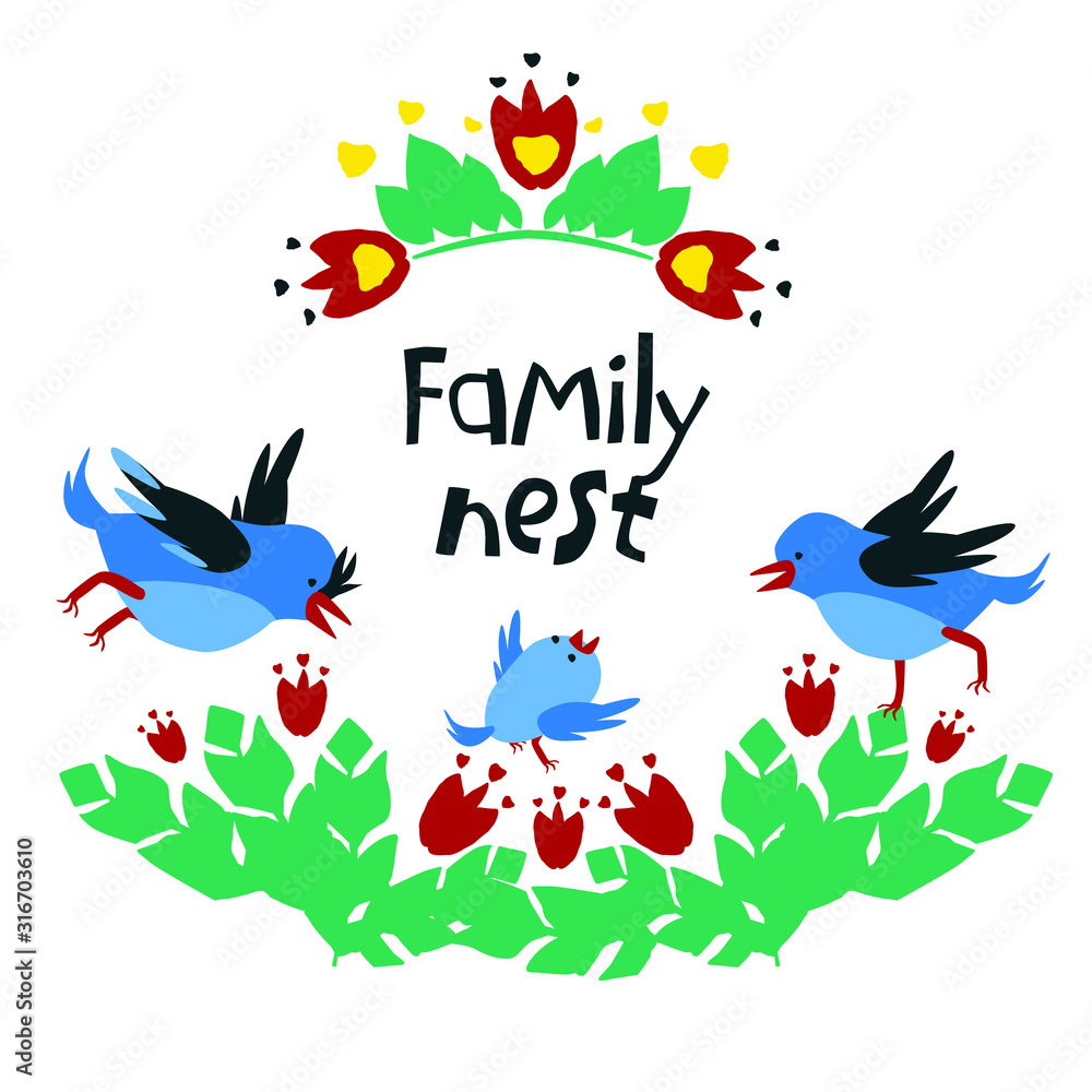 Illustration with a family of blue birds and bright ornament. Frame for text.