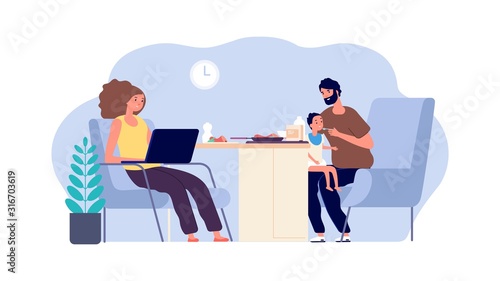 Family together. Mother, father and baby. Dad with little son and working mom. Parenthood vector illustration. Dad feed kid and happy mother with laptop