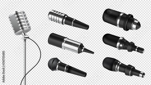 Realistic microphones. Sound studio equipment. Professional microphone for speech, karaoke or radio. Isolated 3d silver mic vector set. Musical karaoke mic for record, microphone vintage illustration