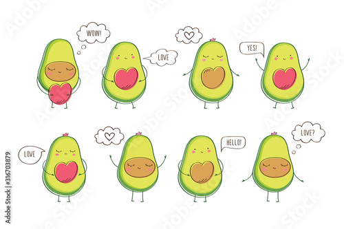 Set of cute avocados with hearts and bubbles. Hand drawn elements for Valentine's Day, birthday, Mother's Day, wedding. Vector.