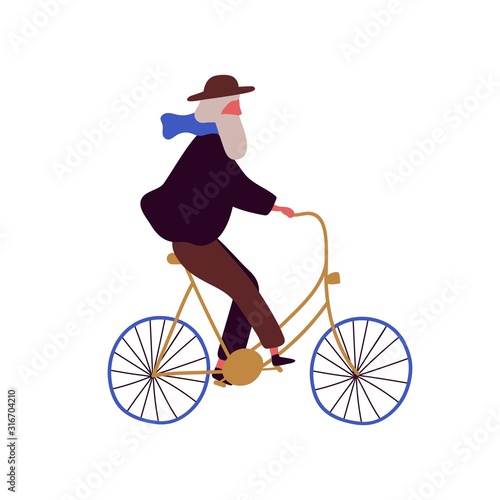 Stylish elderly man riding bicycle flat vector illustration