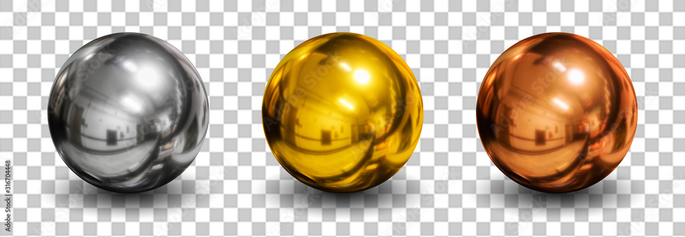 3d glass ball isolated on white background in silver bronze gold metal - obrazy, fototapety, plakaty 