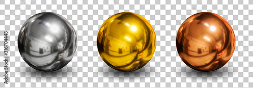 3d glass ball isolated on white background in silver bronze gold metal