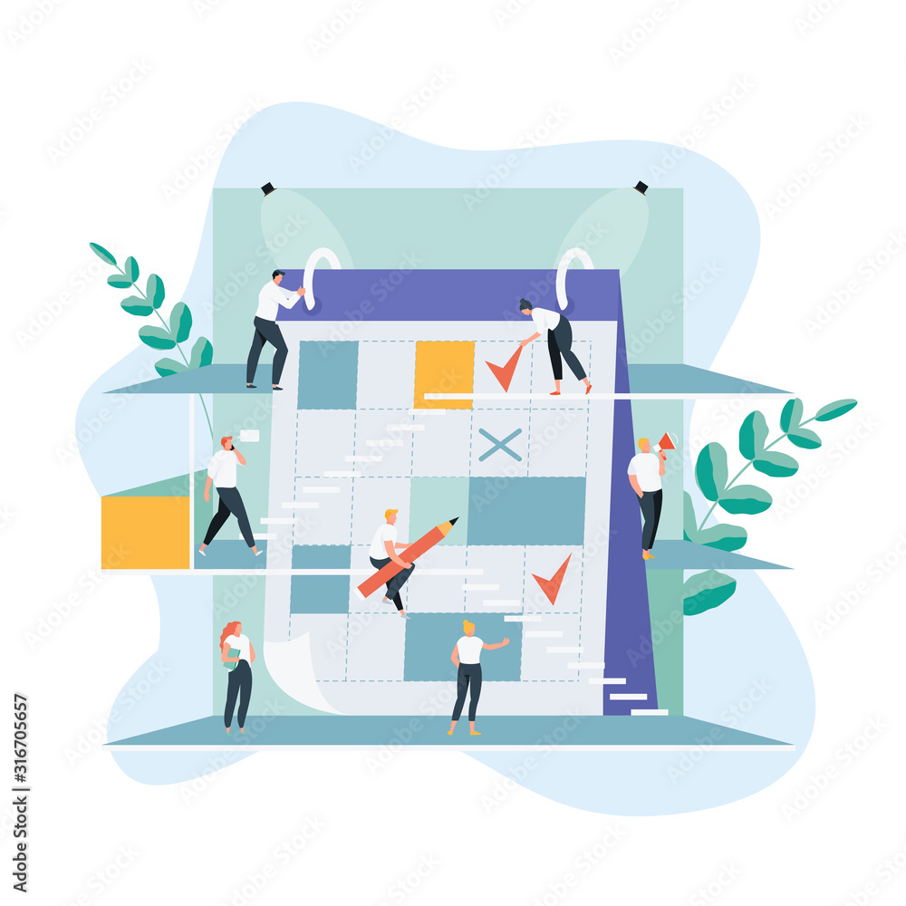 Business people team together planning a schedule and events. Calendar and organization of work vector illustration