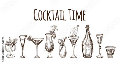Cocktail sketch set. Illustration with cocktails sketches. Hand drawn pattern cocktails bar menu.