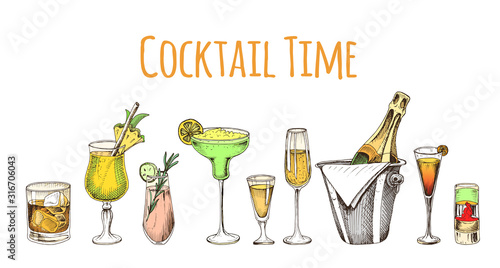 Cocktail sketch set. Illustration with cocktails sketches. Hand drawn pattern cocktails bar menu.