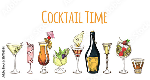 Cocktail sketch set. Illustration with cocktails sketches. Hand drawn pattern cocktails bar menu.