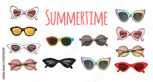Sunglasses summer sketch set. Hand drawn sketch pattern Sunglasses.