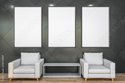 Modern living room with three blank billboard