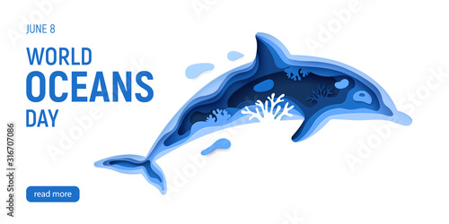 Paper art world ocean day concept with dolphin silhouette. Underwater world page template.Paper cut sea background with dolphin, waves and coral reefs. Craft vector illustration
