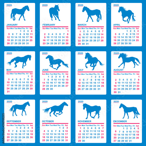 2020 calendar with blue horses silhouettes