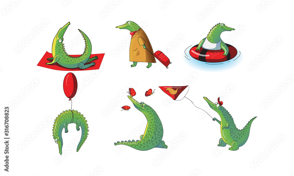 Obraz premium Funny Crocodile Character Pulling Baggage and Flying Kite Vector Illustrations Set