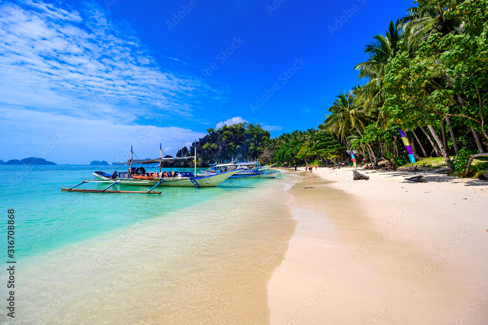 Fototapeta premium Tropical Papaya beach at paradise coast, El Nido, Palawan, Philippines. Tour A Route. Coral reef and sharp limestone cliffs.