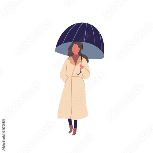 Girl with umbrella flat vector illustration. Autumn season, rainy day, walk u...