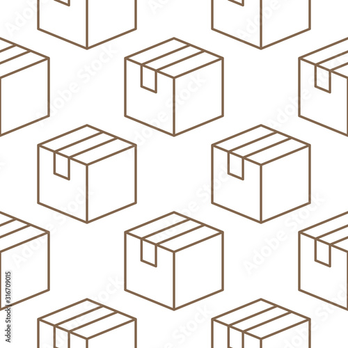 Delivery box background, cargo package seamless pattern. Various open and closed cardboard boxes, parcel flat line icons. Warehouse, storage vector illustration brown white color