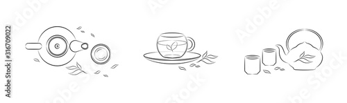 Set of thin line tea icons. Eps 10 vector illustration. Design element template. Line drawing. Green tea in a cup with tea leaves icon. China tea.