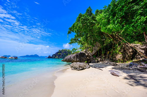 Fototapeta Naklejka Na Ścianę i Meble -  Tropical Papaya beach at paradise coast, El Nido, Palawan, Philippines. Tour A Route. Coral reef and sharp limestone cliffs.