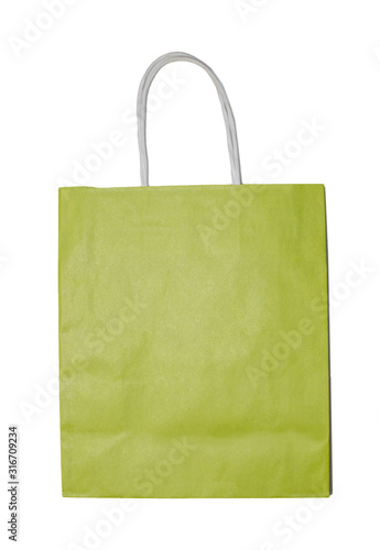 Paper green bag with handle on a white background