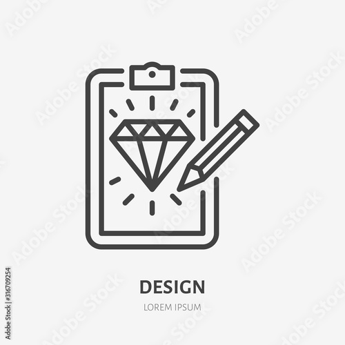 Sketch of diamond flat line icon. Tattoo custom design development vector illustration. Outline sign for tattooist studio