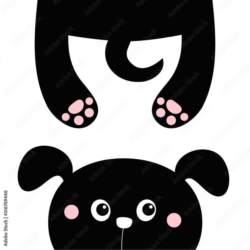 Black dog puppy. Funny face head silhouette looking up. Hanging fat body with paw print, tail. Cute cartoon character. Kawaii pet animal. Baby sticker print. Flat design. White background. Isolated. Black dog puppy. Funny face head silhouette looking up. Hanging fat body with paw print, tail. Cute cartoon character. Kawaii pet animal. Baby sticker print. Flat design. White background. Isolated.