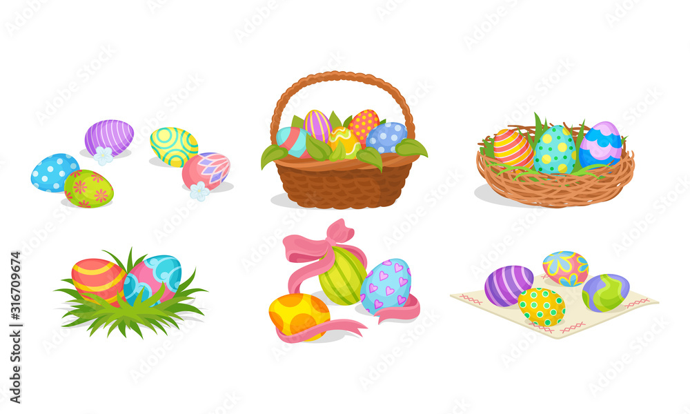 Easter Eggs Resting in Basket and Nest Vector Set Easter Eggs Resting in Basket and Nest Vector Set