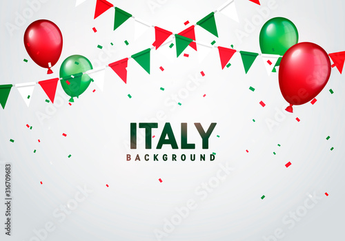Vector Illustration Colorful Flags, Balloos And Confetti Of Italy. Festive Celebration Party Background.