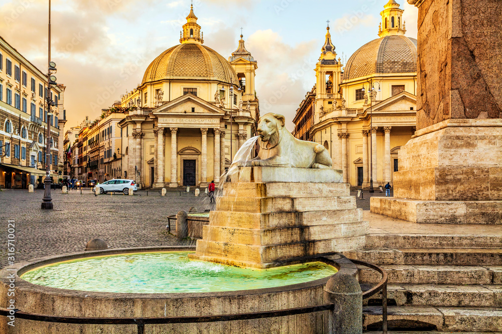 Fototapeta premium Piazza del Popolo (People's Square), Rome, Italy. Churches of Santa Maria in Montesanto and Santa Maria dei Miracoli. Egyptian obelisk of Ramesses II. Rome architecture and landmark.
