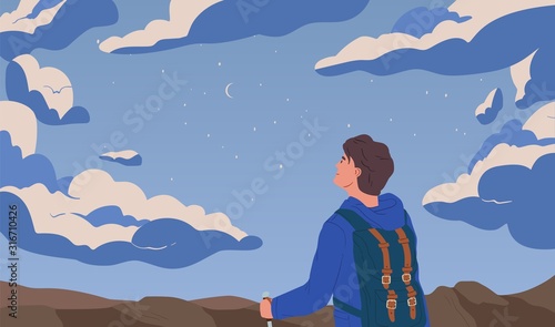 Man looking at night starry sky flat vector illustration. Self discovery, opportunity observation metaphor. Inspiration and imagination concept. Backpacker traveling cartoon composition.